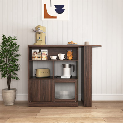 Modern Bar Cabinet With Rotating Top, Counter Height Dining Cabinet With 6 Storage Spaces And 2 Ribbed Glass Doors For Kitchen And Living Room