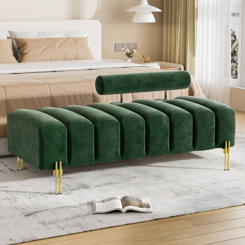 Banc de lit 52 po en velours capitonné avec pieds en métal doré, Vert