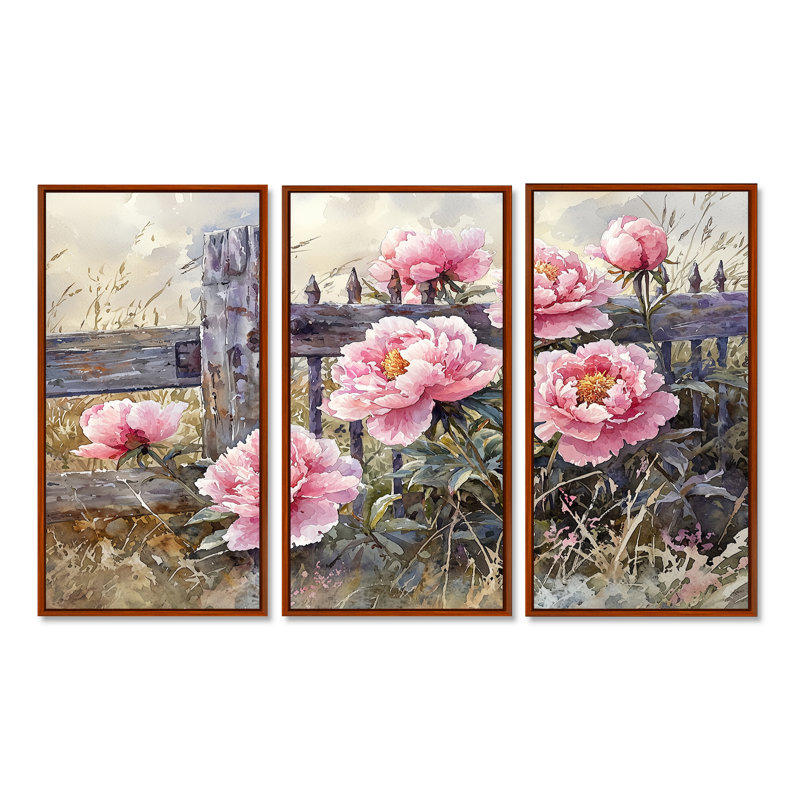 Pivoines par la porte de la ferme I - art mural pivoines - ensemble de 3, H 28 po x l 36 po, Brun