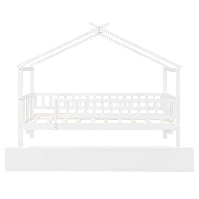Lit de maison en bois avec lit gigogne simple, Simple, Blanc