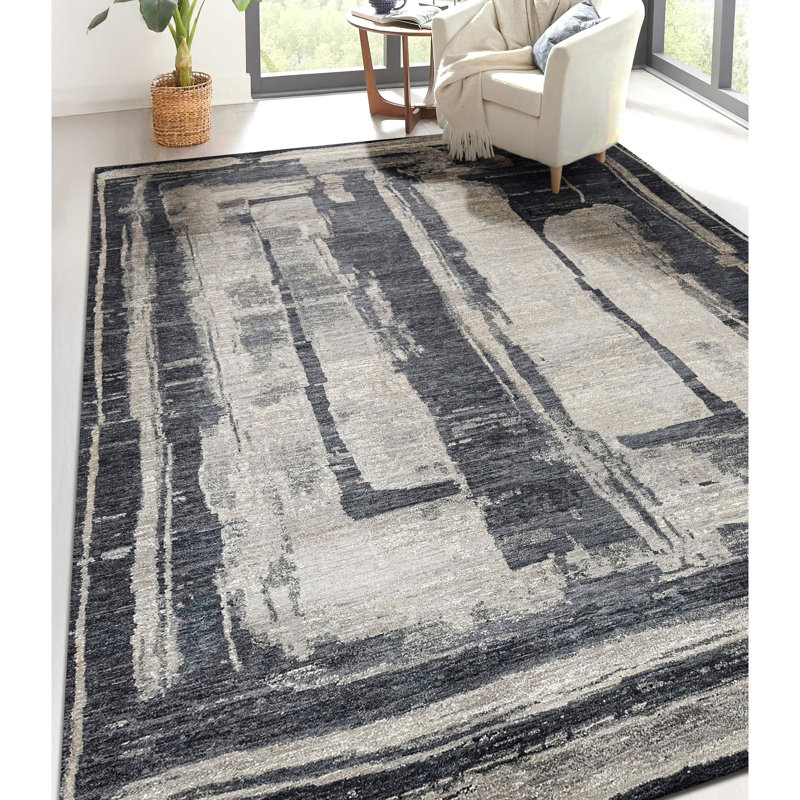 Tapis gris anthracite et gris noué à la main de haute qualité, Rectangle 9 pi x 12 pi