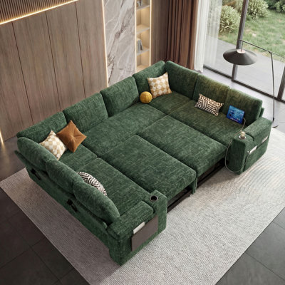8-Seater Large Sectional Sofa Bed With Storage Lovescat, Modular Sleeper Sofa With Usb Port & Cup Holder, 108" U-Shaped Convertible Couch For Large Living Room