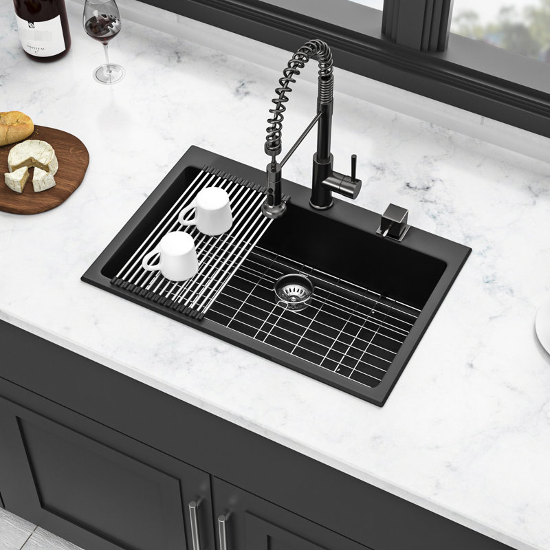 Évier 33 x 22 po en composite de quartz, aspect granit noir, évier de surface hygiénique et insonorisé