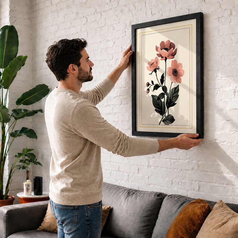 Pink Blooms On Stem Botanical - Print, A4 - 29.7 x 21.0 cm, White