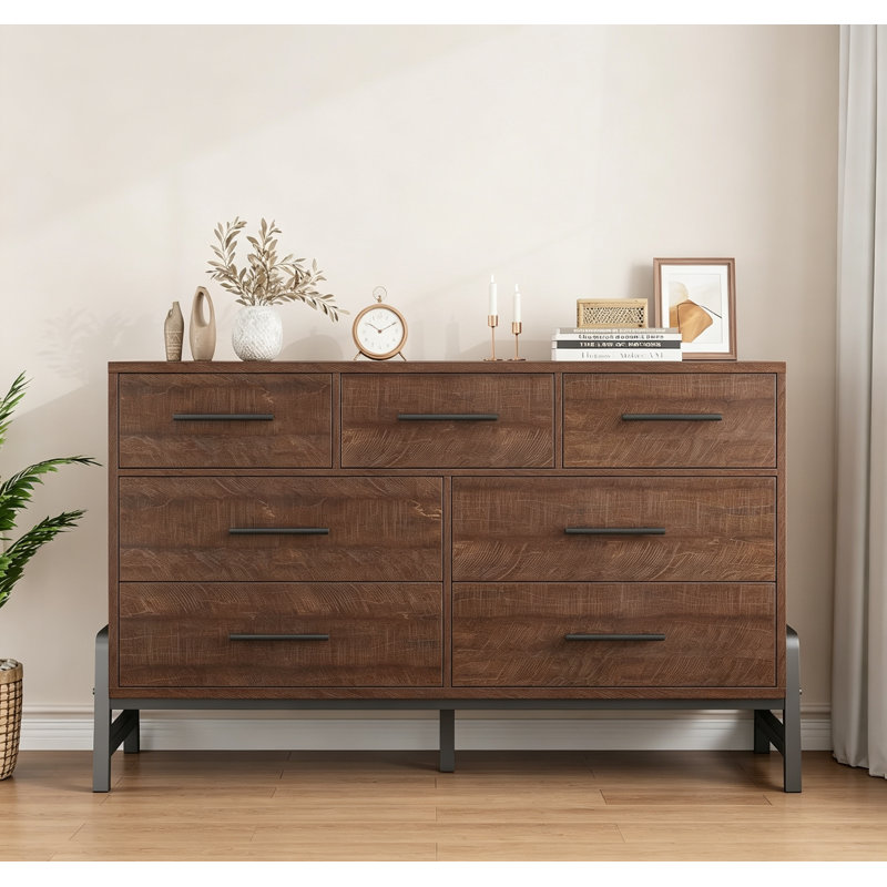 Commode autoportante 7 pièces pour la chambre à coucher, commode de 52 po de large avec rangement, commode en bois, Brun