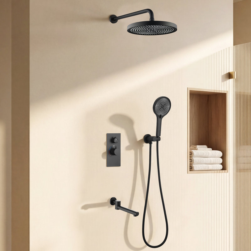 Système de douche à 3 fonctions de luxe avec douche à effet pluie de 10 po, douchette et douchette, valve en laiton massif, 2,5 gallons par minute