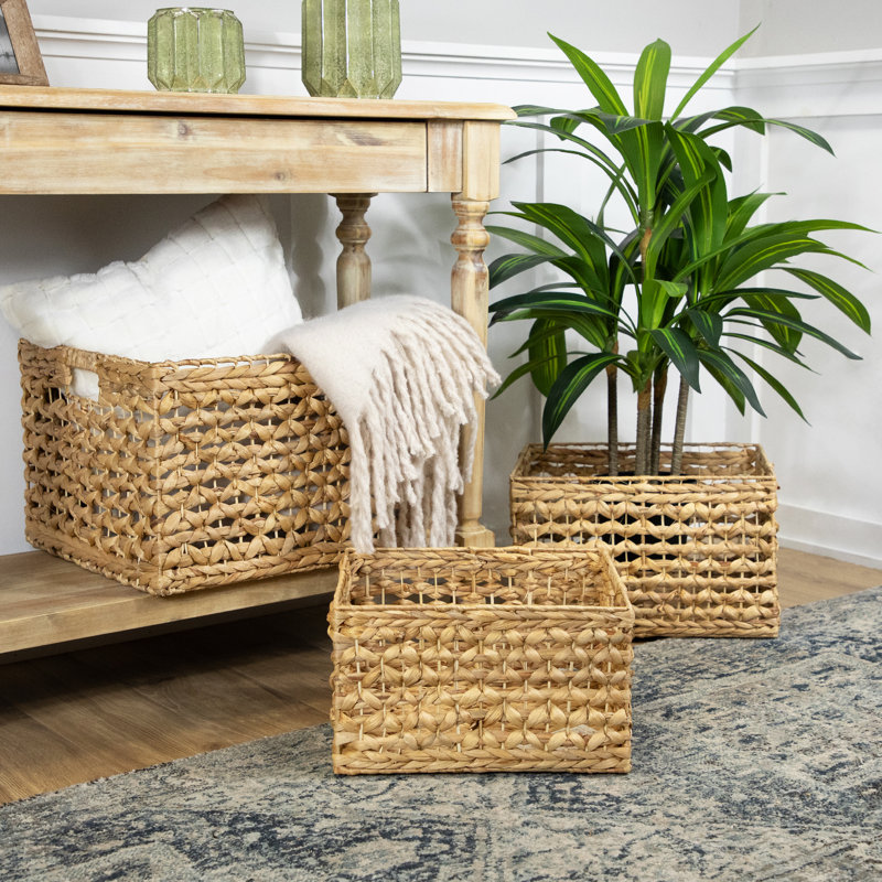 Set Of 3 Diamond Weave Rectangular Water Hyacinth Baskets With Handles 17.75"