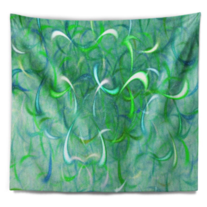 Tapisserie abstraite en motif fractal aquarelle vert, H 32 po x l 39 po