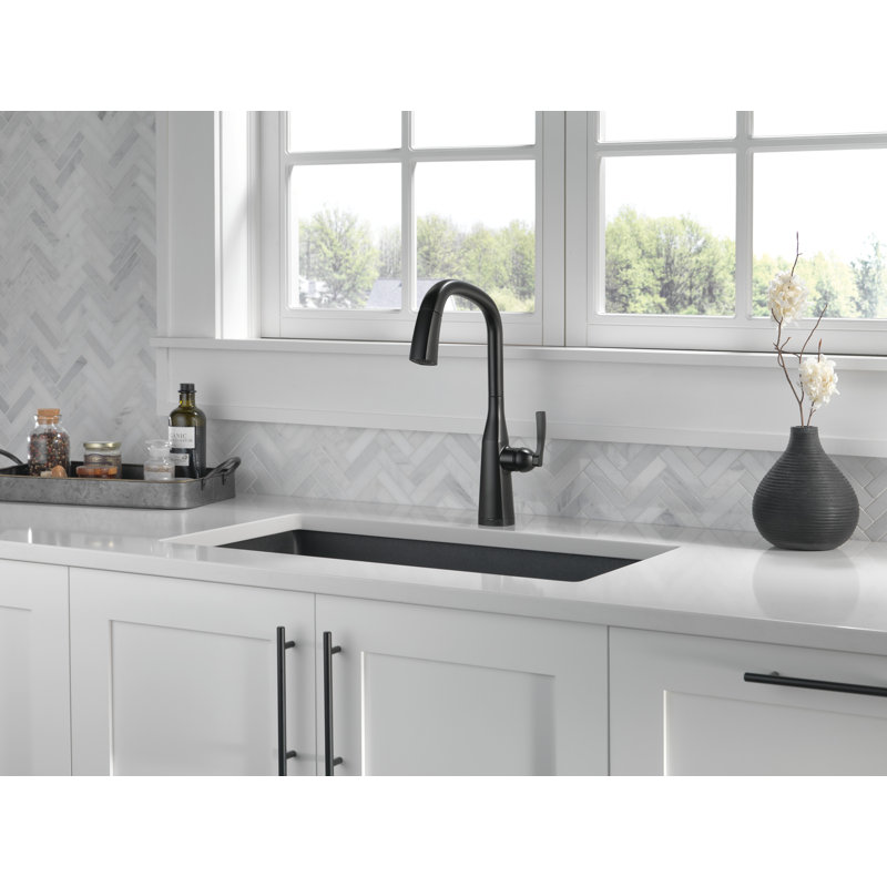Robinet de cuisine à poignée simple sans contact Stryke avec technologie Delta VoiceIQ et avec accessoires, Noir mat