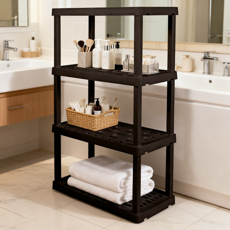 Tablettes de rangement Oskar en plastique robuste, support de rangement empilable à 4 niveaux pour l'organisation de garage, de cuisine, de salle de bain et de garde-robe