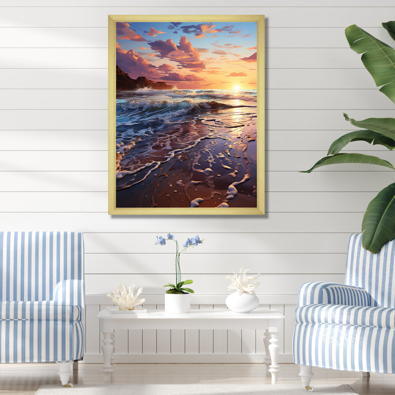 «Beachside Sunset Horizon 4», art mural plage, H 32 po x l 24 po x P 1 po, Cadre doré simple