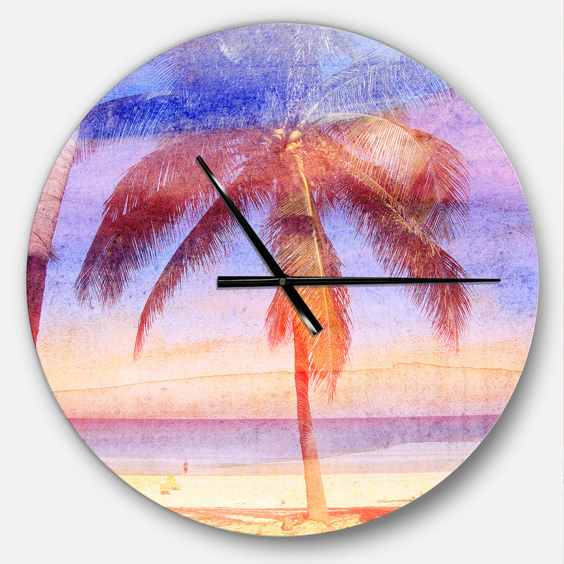 Rétro palmier bleu clair aquarelle - horloge murale moderne, Moyen