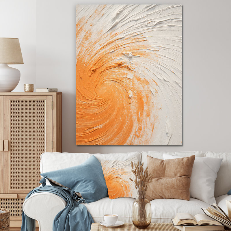 Orange et blanc, spirale minimale - spirale abstraite, art mural, Toile tendue, H 20 po x l 12 po x P 1 po