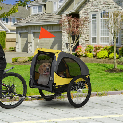 Dog Bike Trailer In Yellow, Medium - Steel & Flagged Pet Yellow Frame, Allows Dogs To Lie Down Comfortably