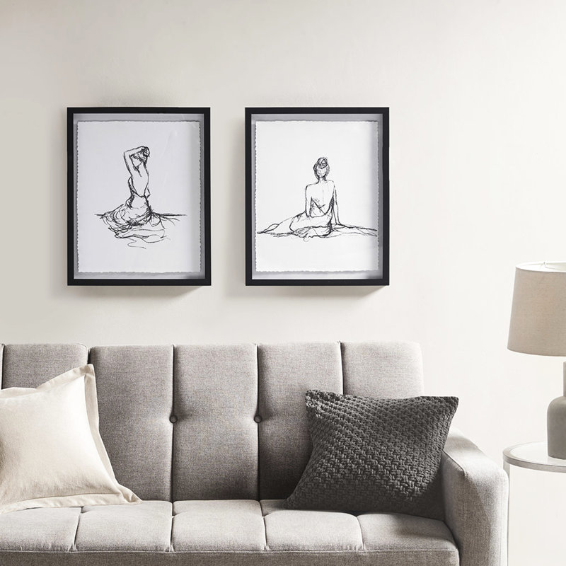 Élégant art mural - croquis de personnages noir et blanc avec impression sur papier et cintres 2 pièces
