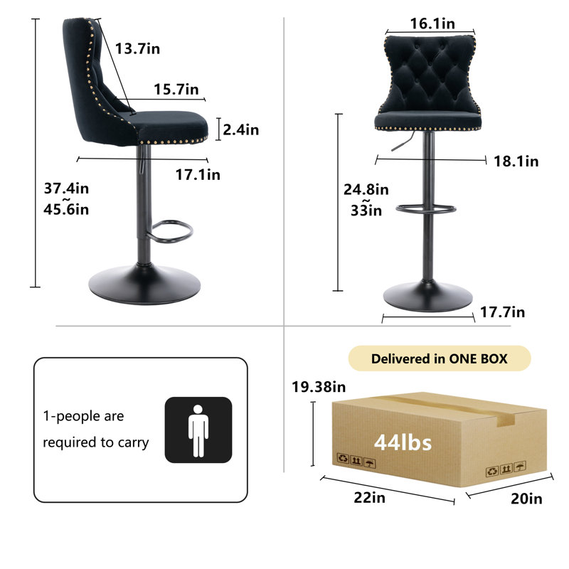 Ensemble de 6 tabourets de bar modernes en velours pivotant à hauteur ajustable, Noir, noir, noir, noir