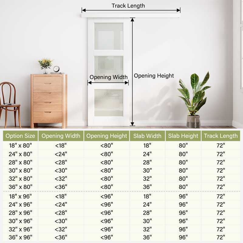 Porte de grange coulissante en verre givré 3-Lite Hidden Style, 32 po x 80 po, Standard, Frosted Glass