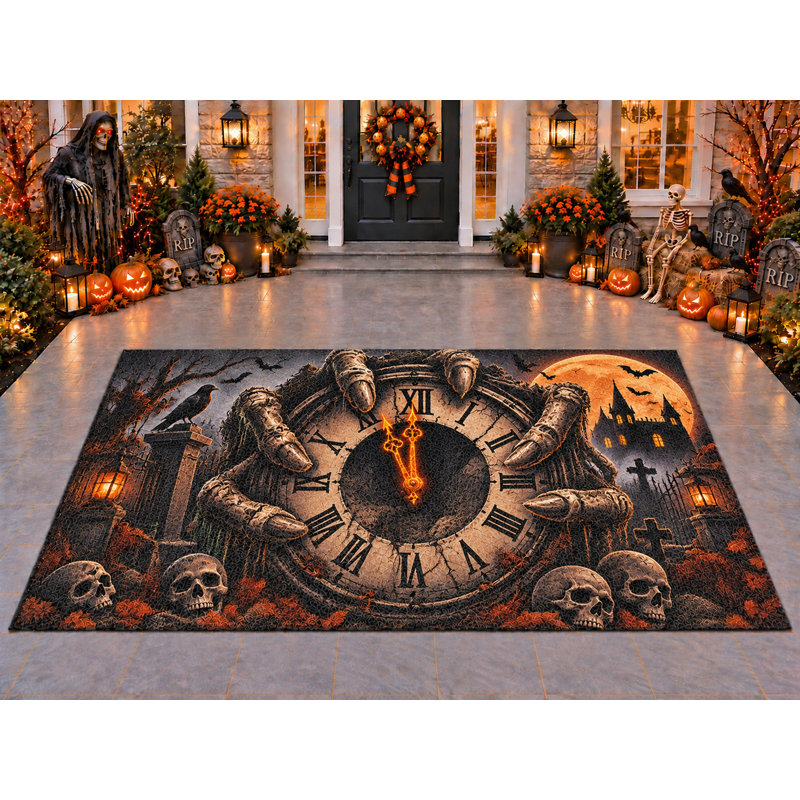 Tapis d'extérieur 5 pi x 7 pi Horloge d'Halloween Grave