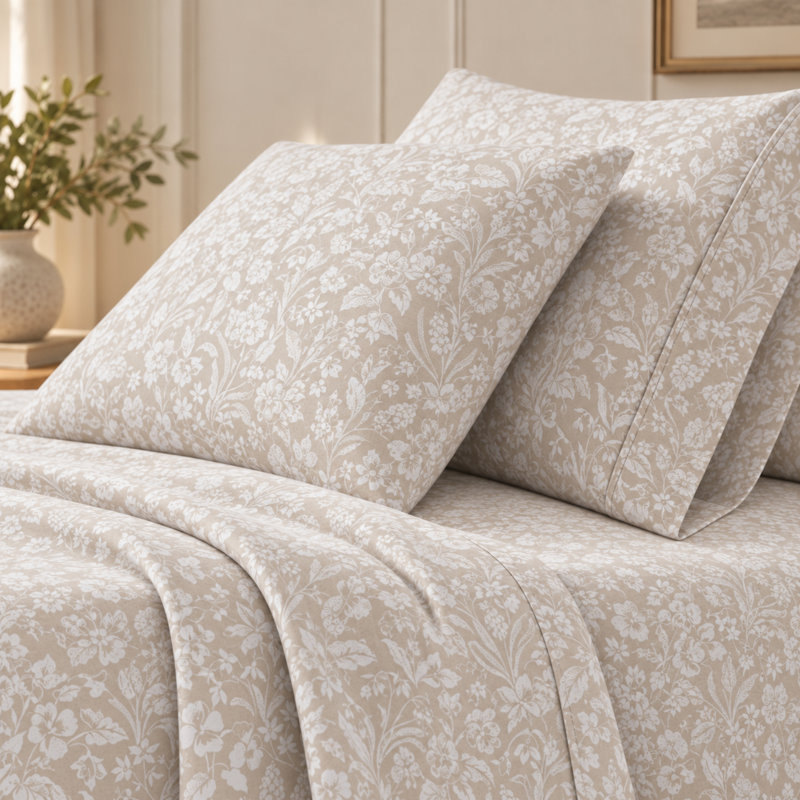 Ensemble de draps 100% flanelle de coton, Ensemble de draps pour très grand lit avec 2 taie, Motif floral à pétales givrées
