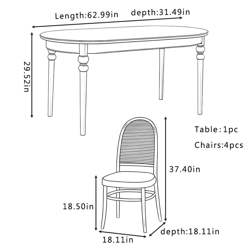 Table et chaise de salle à manger ovales, H 29,52 po x L 62,99 po x l 31,49 po