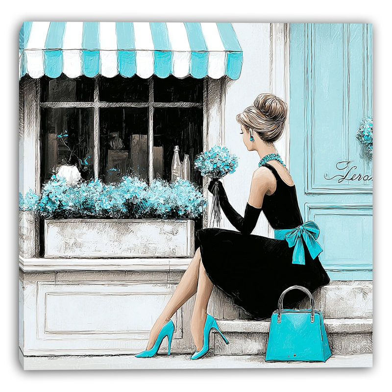 «Elegant Woman with Blue Accents Sitting» par Paris Café, art mural sur toile tendue, H 20 po x l 20 po