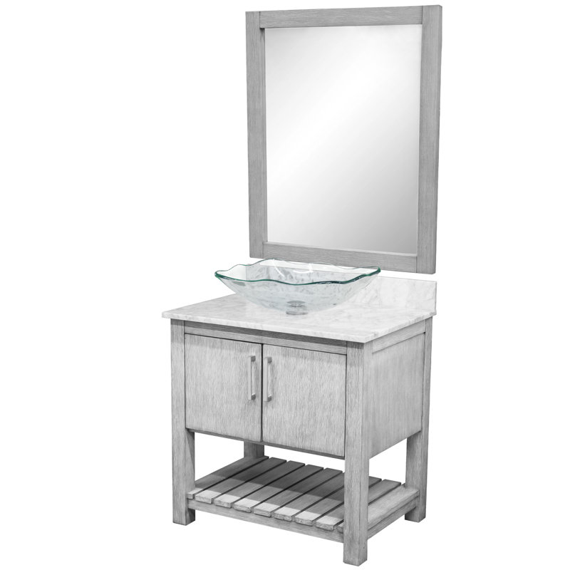 Meuble-lavabo 36 po avec comptoir en marbre de Carrare, lavabo et miroir, Nickel brossé