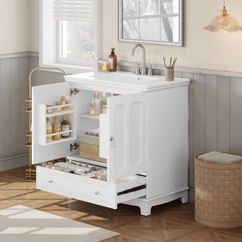 30" Bathroom Vanity With Ceramic Sink, Solid Wood Frame Bathroom Sink Cabinet With Adjustable Shelf, Drawer With Divider, Solid Wood Feet