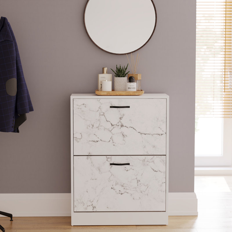 Vida 3 Drawer Flip Down Shoe Storage Free Standing Cabinet For Hallway, 80" H x 60" W x 24" D, White Marble
