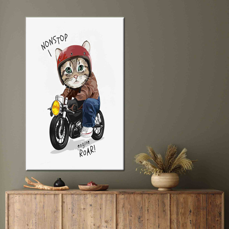 Art mural moderne en toile de coton abstraite capturant un chat fantaisiste chevauchant une moto, parfait pour améliorer votre espace de vie avec une touche ludique