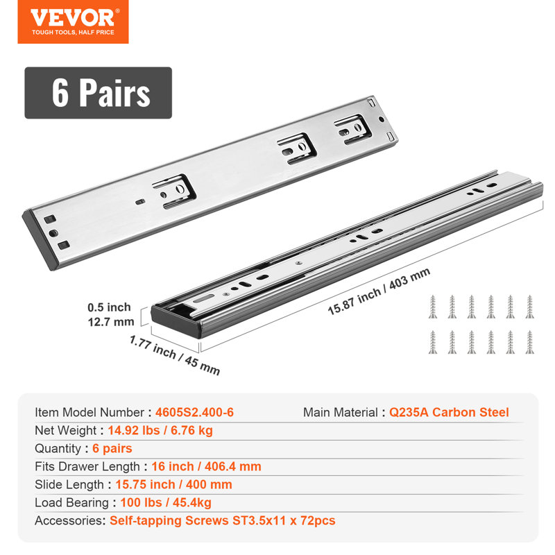 1.77'' Side Mount Metal Drawer Slide, 0.5" H x 1.77" W x 16" D
