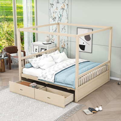 Wood Canopy Bed with Storage Drawers