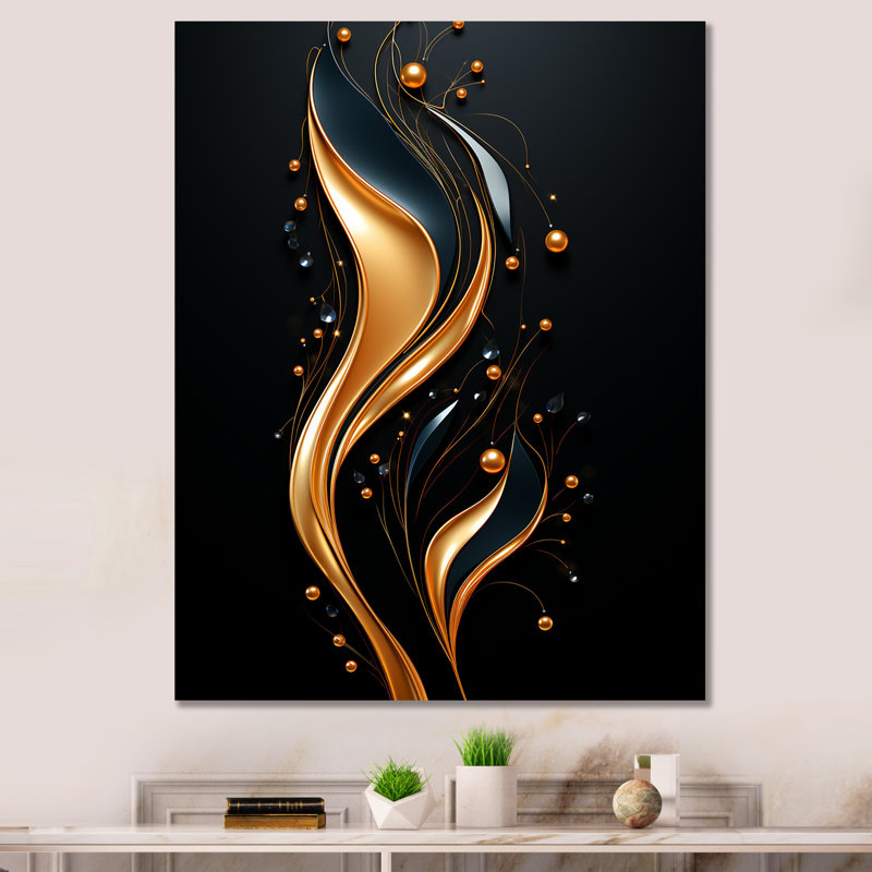 «Black and Gold Golden Minimalistic Line Art II», reproduction d'art murale abstraite, Toile tendue