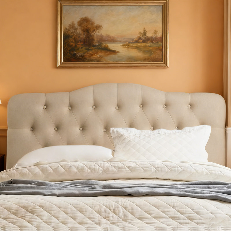 Linen Upholstered Headboard-Modern-Adjustable Height-Button Tufting, King, Beige
