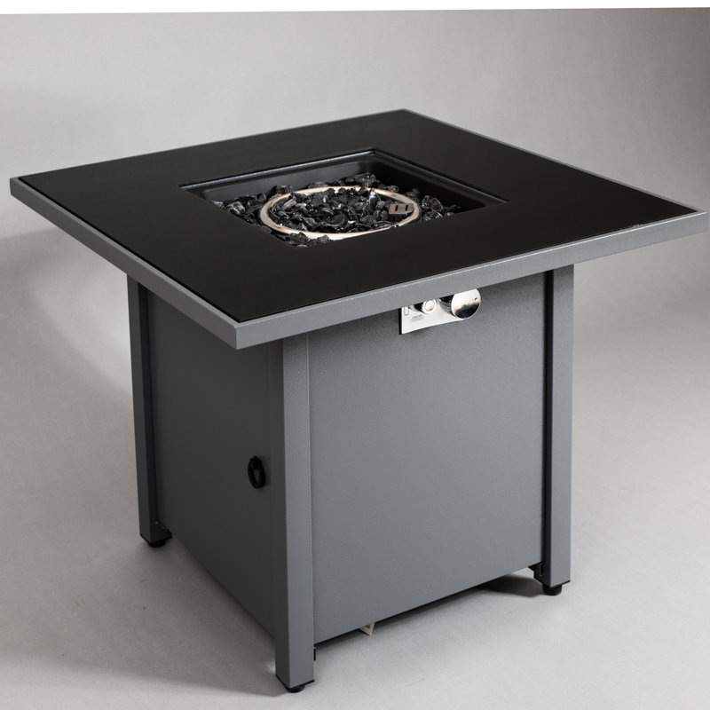30" W Steel Outdoor Fire Pit Table 25" H, Gray Modern Look, Push Button Ignition System, Smoked Glass Heat Top, Propane/natural Gas, All Exterior Useable H Desk W, Style, Ignition, Year-round Suitable