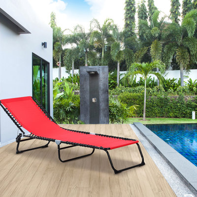 Beach Patio Chair. 4 Reclining, Breathable Mesh. With Pillow, Bungee Seat. For Yard, Pool. Red Outdoor Folding Chair Lounge. Reclining Back, Mesh &