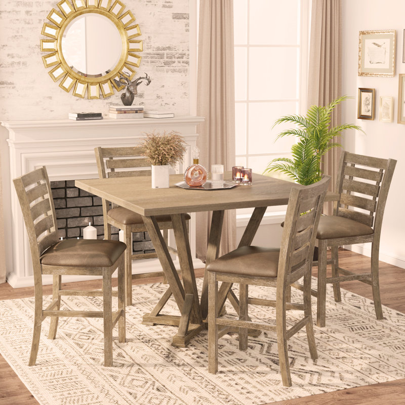 5pcs set Counter Table Set Square Counter Table Solid Wood Modern Farmhouse Rustic Look Distressed Look