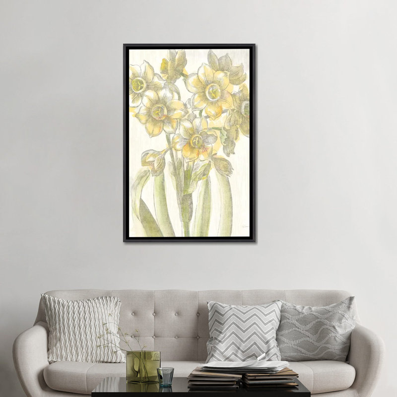 «Belle Fleur Jaune IV» par Sue Schlabach - reproduction imprimée, Toile avec cadre noir patiné, Aucun mat