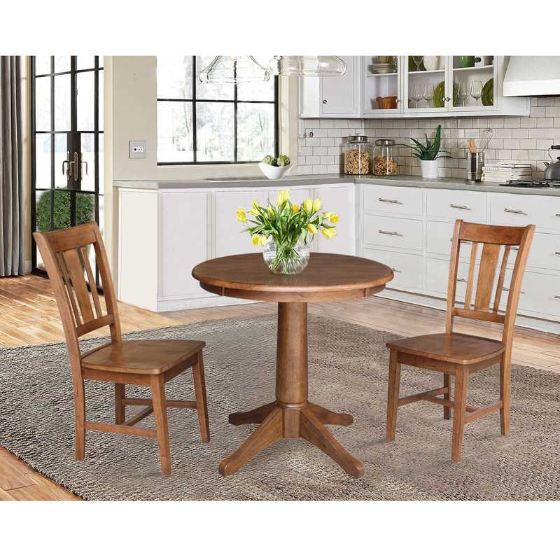 Strauss 3 - Piece Solid Wood Pedestal Dining Set, Distressed Oak, 29.9” H x 36” L x 36” W