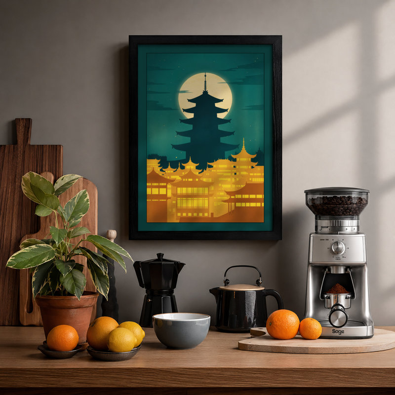 Pagoda Under Moonlight Japandi - Framed Print, A4 - 29.7 x 21.0 cm, Black