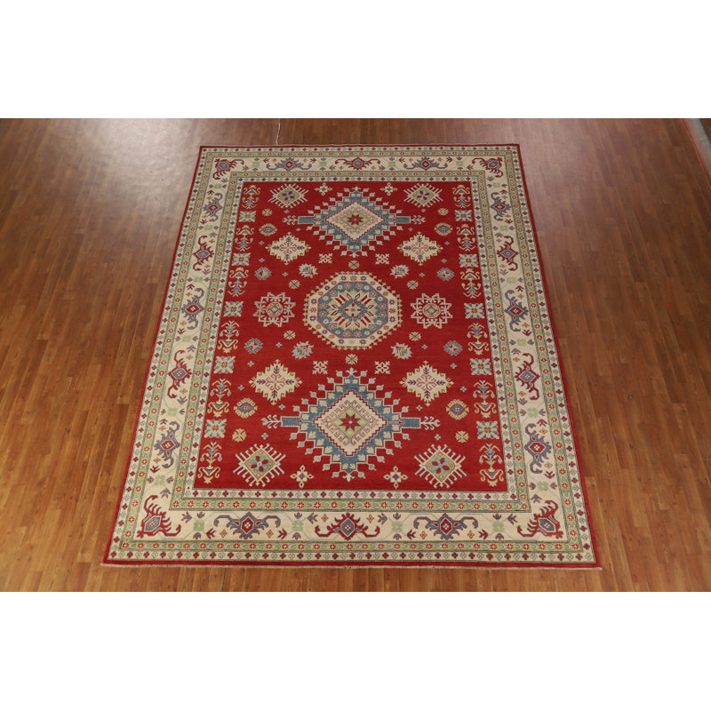 Tapis oriental rouge à motif géométrique Kazak 9 x 12