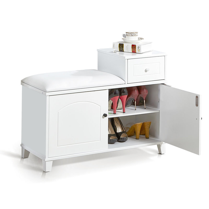 Élégant banc blanc pour armoire à chaussures avec coussin, portes doubles, tiroir mobile pour cloison de rangement à double porte et chambre supplémentaire