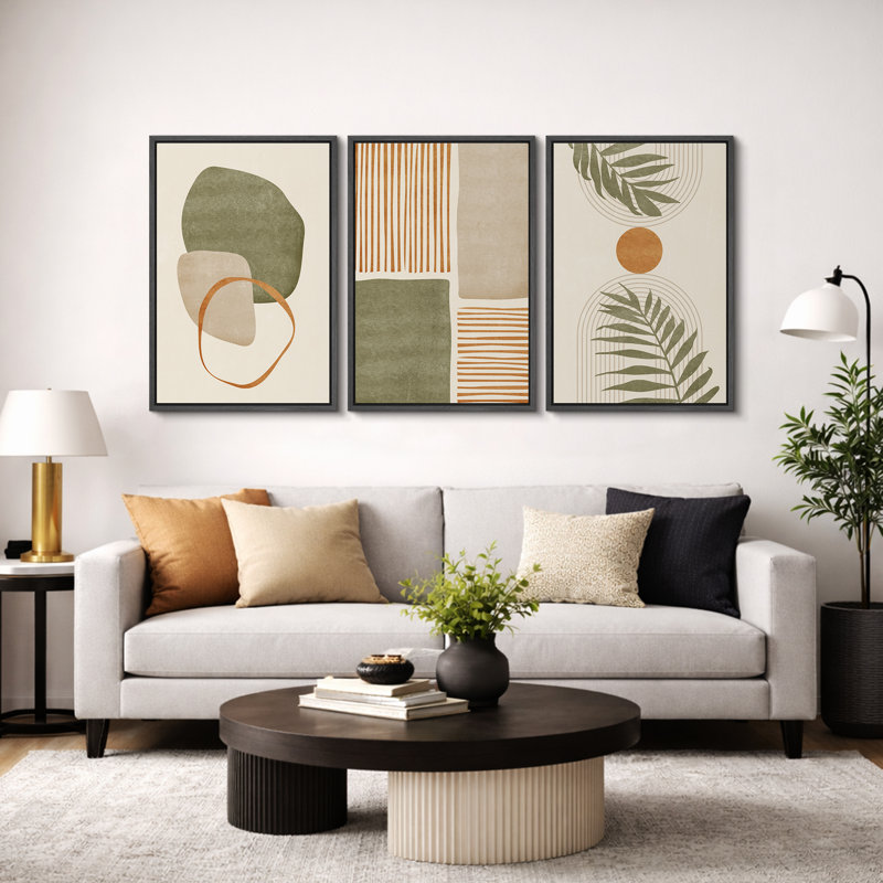Mid Century Modern Boho "Organic Tropical Leaf Artwork, Neutral Abstract Warm Pictures, Framed Canvas 3 Pieces Giclee Print Wall Art