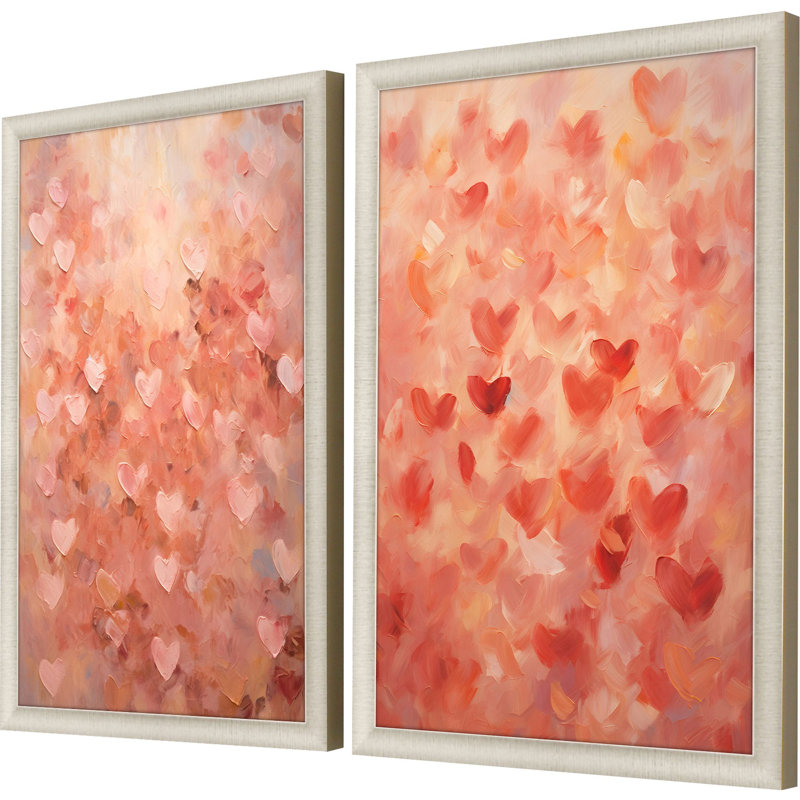 Champagne Gold Framed Red and Pink Heart Pattern Prints