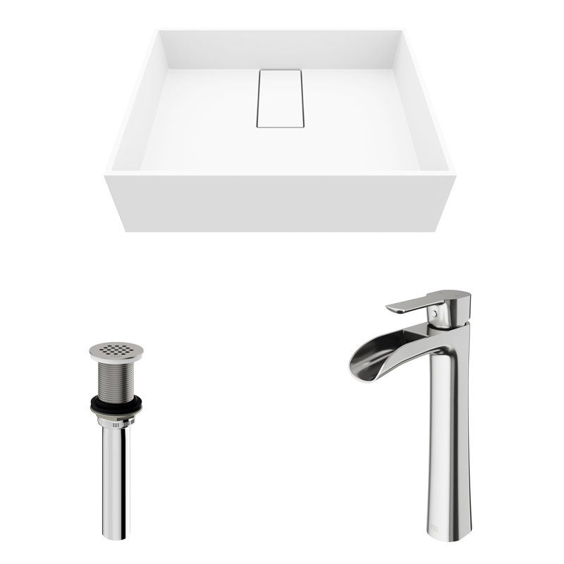 Bryant 17" White Matte Stone Vessel Sink with Waterfall Faucet