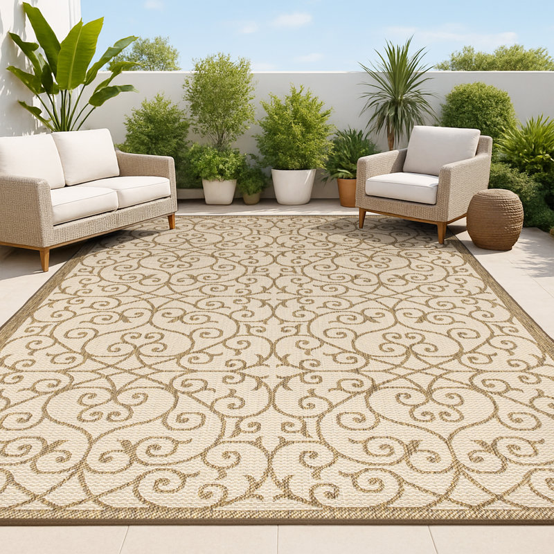 Haggerty Vintage Filigree Textured Weave Beige/Brown Indoor/Outdoor Rug, Rectangle 10' x 14'