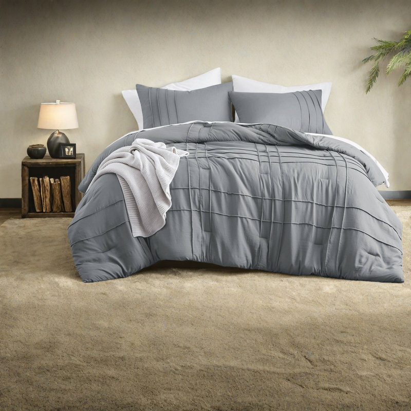 Chic Grey Bedding Set, Soft Microfiber Comforter With Pinch Pleats For Modern Home