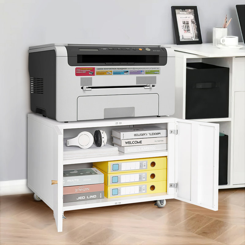 17.7''H 2-door Steel Copier Cabinet Stand With Wheels And Adjustable Divider For Offices And Home, White