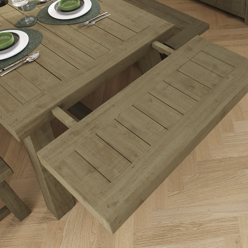 Almerton Solid Reclaimed Pine 4 Piece Dining Set - Dining Table 2 Benches 1 Extension Leaf, 45H x 180L x 35cmW