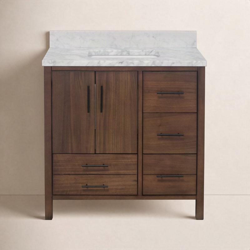 Kiara 36'' Single Bathroom Vanity with Top, Carrara Marble, Walnut