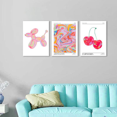 Framed Pink Preppy Wall Art Set Of 3 Trendy Cute Balloon Dog Cherry Posters Abstract Aura Canvas Prints Modern Colorful Painting Retro Pop Art Decor Positive Picture For Living Room Bedroom